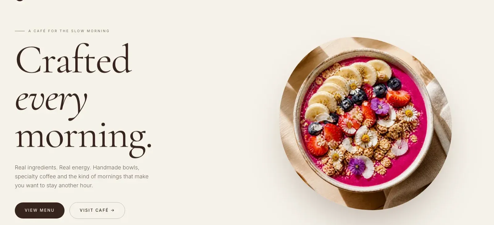 Café website story section with interior photography and brand facts